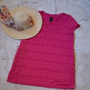 Catalina Fuchsia Pink Eyelet Short Sleeve Beach Cover & Tahari Hat